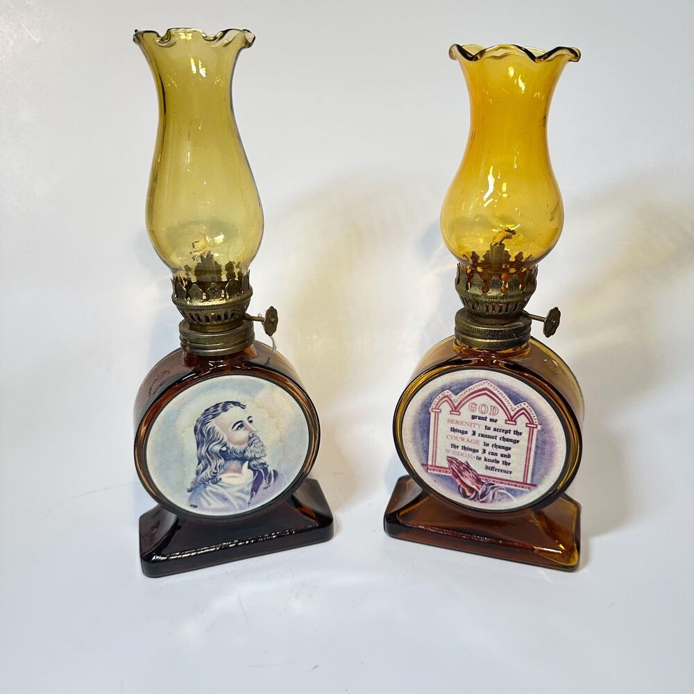 Pair Vtg Amber Glass Religious 9.5” Oil Lamps Jesus Portrait & Serenity Prayer